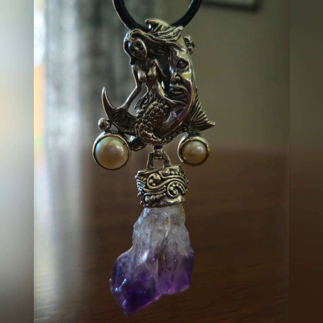 Mermaid Pendant/Brooch- Sterling Silver With Amethyst And Freshwater Pearls